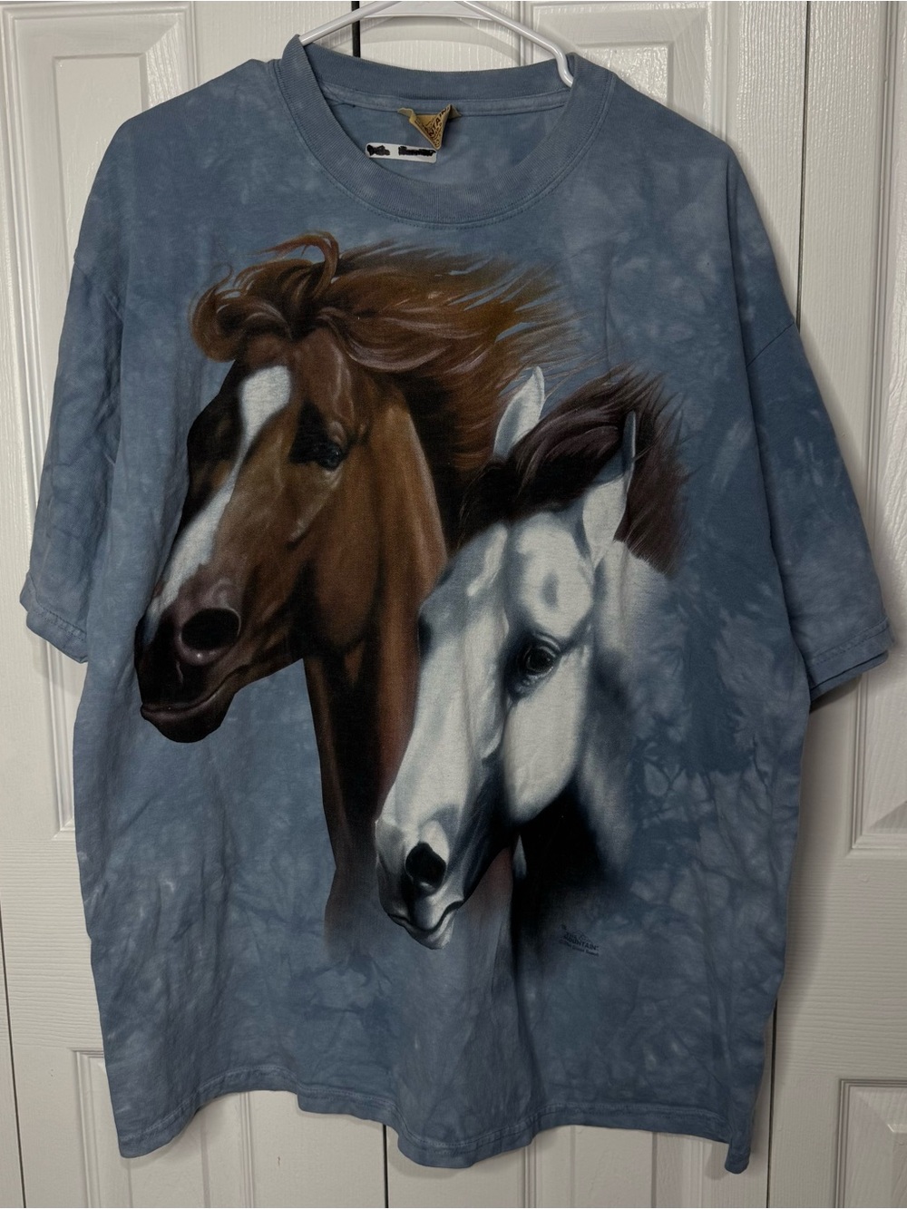 The Mountain 2004 Blue Tie-Dye Tee with Brown and White Horse Graphic